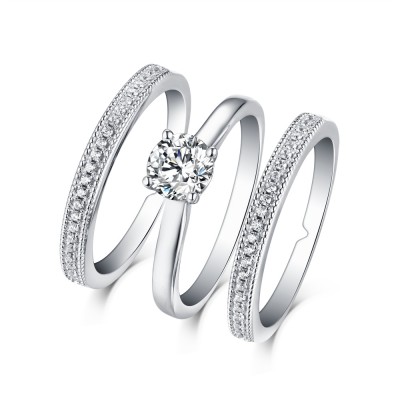Round Cut White Sapphire 925 Sterling Silver 3 Piece Ring Sets