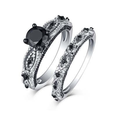 Round Cut S925 Silver Black Sapphire Art Deco Ring Sets