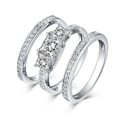 Princess Cut 925 Sterling Silver White Sapphire 3 Piece 3-Stone Ring Sets