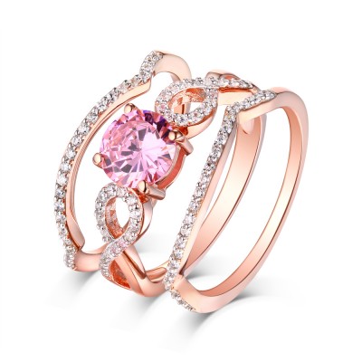 Round Cut Pink Sapphire Rose Gold 925 Sterling Silver 3 Piece Ring Sets