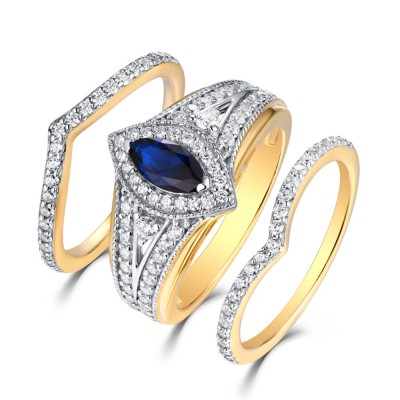 Marquise Cut Gold S925 White Sapphire & Sapphire 3 Piece Halo Ring Sets