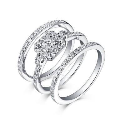 Round Cut Halo White Sapphire 925 Sterling Silver 3 Piece Ring Sets