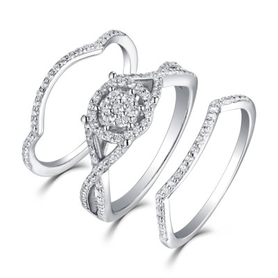 Round Cut White Sapphire 925 Sterling Silver 3 Piece Halo Ring Sets