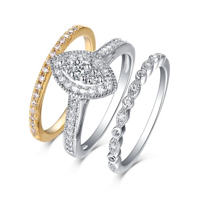 Round Cut 925 Sterling Silver & Gold White Sapphire 3 Piece Ring Sets