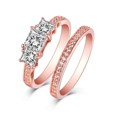 Princess Cut Rose Gold S925 Silver White Sapphire 3-Stone Ring Sets