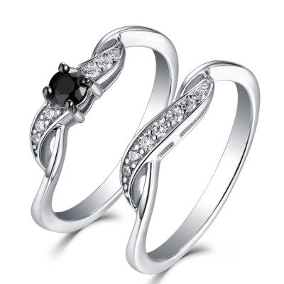 Round Cut Black & White Sapphire 925 Sterling Silver Ring Sets