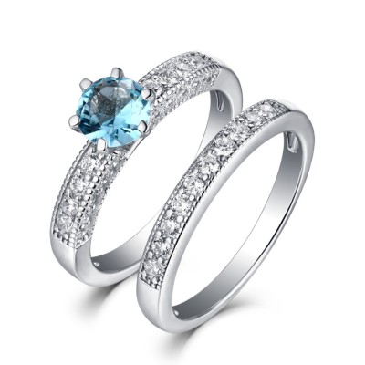 Round Cut Aquamarine 925 Sterling Silver Ring Sets