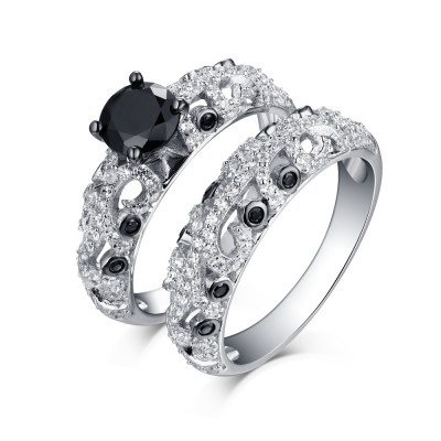 Round Cut Black Sapphire 925 Sterling Silver Ring Sets