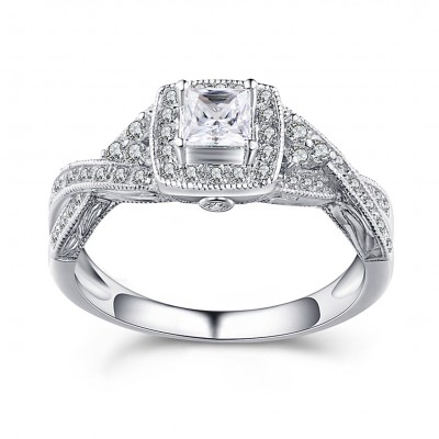 Princess Cut White Sapphire Sterling Silver Halo Engagement Rings