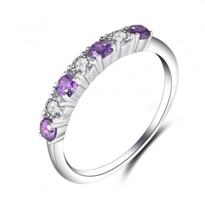 Round Cut White and Amethyst Sapphire Sterling Silver Promise Rings