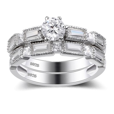 Round Cut White Sapphire Sterling Silver Women's Wedding Ring Set