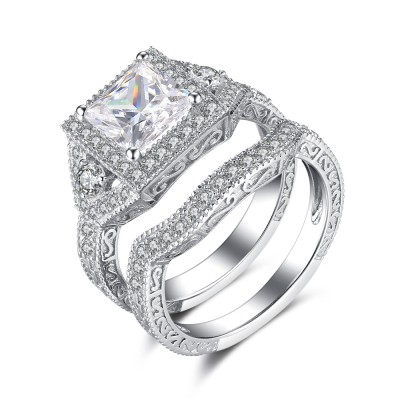 Princess Cut White Sapphire 925 Sterling Silver Women's Ring Set