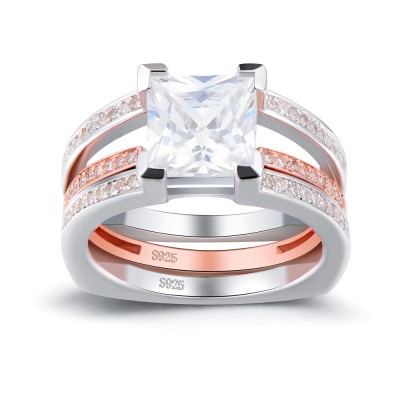Rose Gold Princess Cut White Sapphire 925 Sterling Silver Bridal Sets