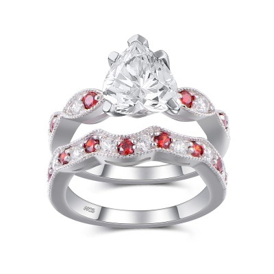 Heart Cut White and Ruby Sapphire Sterling Silver Women's Wedding Bridal Set
