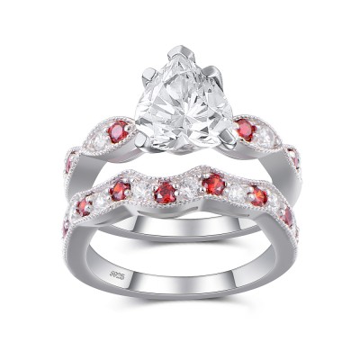 Heart Cut White and Ruby Sapphire Sterling Silver Women's Wedding Bridal Set