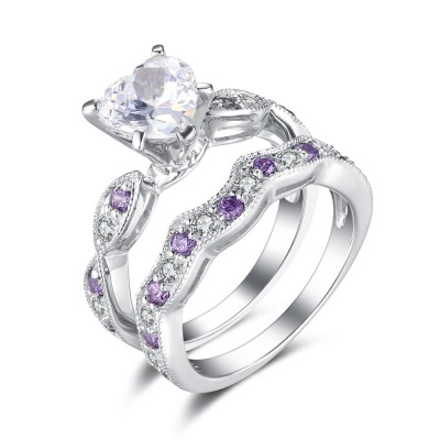 Heart Cut White and Amethyst Sapphire Sterling Silver Bridal Sets