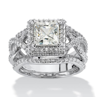 Princess Cut White Sapphire Sterling Silver Halo 3-Piece Bridal Sets