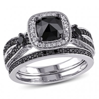 Cushion Cut Black and White Sapphire 925 Sterling Silver Halo Bridal Sets