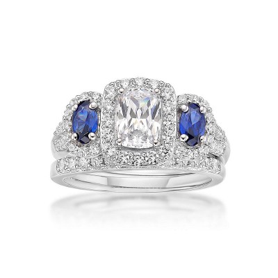 Radiant Cut White & Blue Sapphire Sterling Silver 3-Stone Bridal Sets