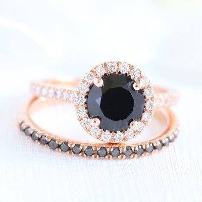 Rose Gold Round Cut Black Sapphire Sterling Silver Halo Wedding Ring Sets for Women 