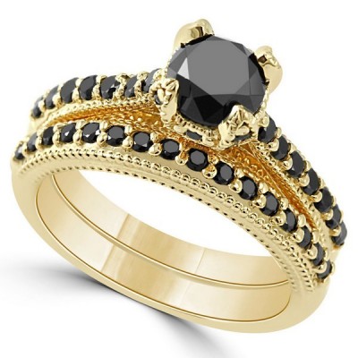 Vintage Gold Round Cut Black Sapphire 925 Sterling Silver Bridal Sets