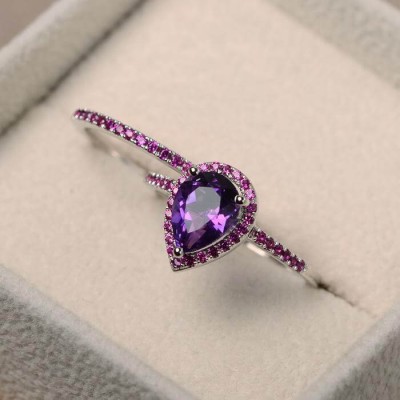 Pear Cut Amethyst Sterling Silver Halo Bridal Ring Sets