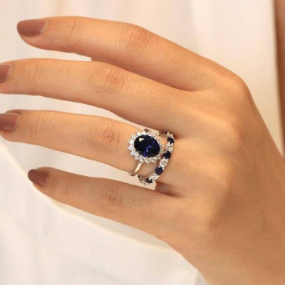 Art Deco Oval Cut Blue Sapphire 925 Sterling Silver Halo Bridal Sets