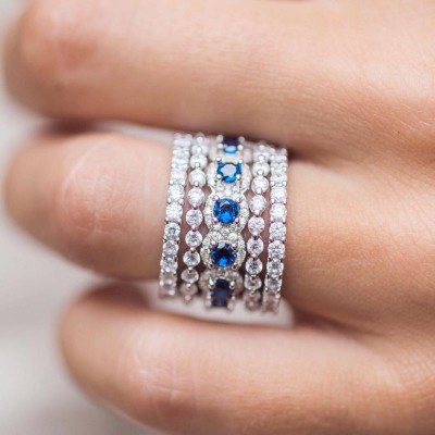 Elegant Round Cut Blue Sapphire 925 Sterling Silver 5 Pieces Halo Stackable Wedding Bands Set