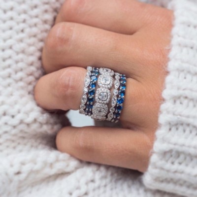 Asscher Cut White and Blue Sapphire Halo 925 Sterling Silver Stackable Eternity Bands Set