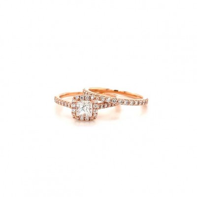 Rose Gold Princess Cut White Sapphire 925 Sterling Silver Halo Bridal Sets