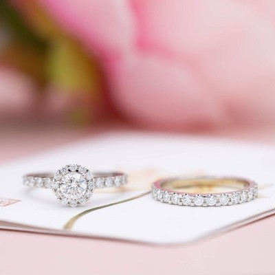 Classic Round Cut White Sapphire 925 Sterling Silver Halo Bridal Ring Sets