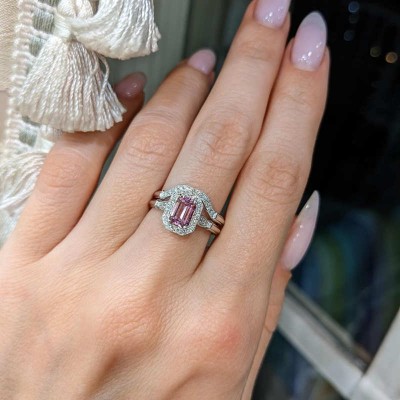 Vintage Emerald Cut Pink Sapphire 925 Sterling Silver Hao Bridal Sets