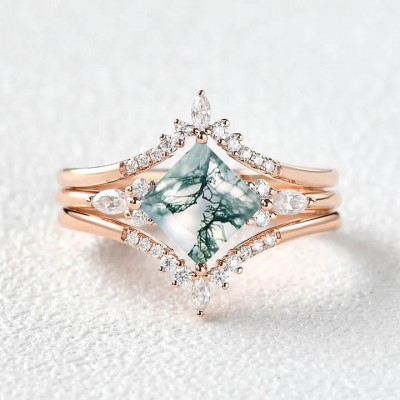 Rose Gold Princess Cut Green Moss Agate 925 Sterling Silver 3-Piece Bridal Sets