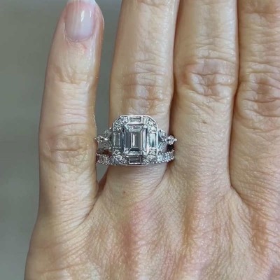 Vintage Emerald Cut White Sapphire 925 Sterling Silver Halo Bridal Sets