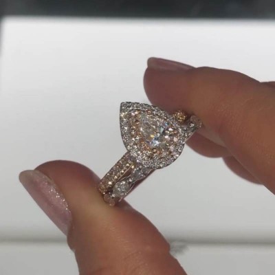Rose Gold Pear Cut White Sapphire 925 Sterling Silver Halo Bridal Sets