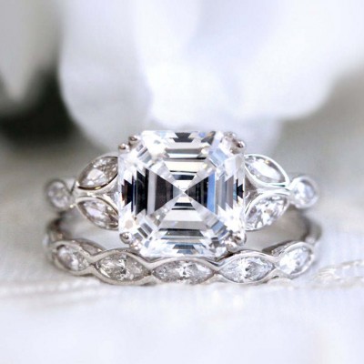 Vintage Asscher Cut White Sapphire 925 Sterling Silver Bridal Sets