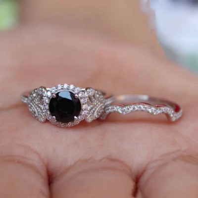 Round Cut Black Sapphire 925 Sterling Silver Halo Bridal Sets