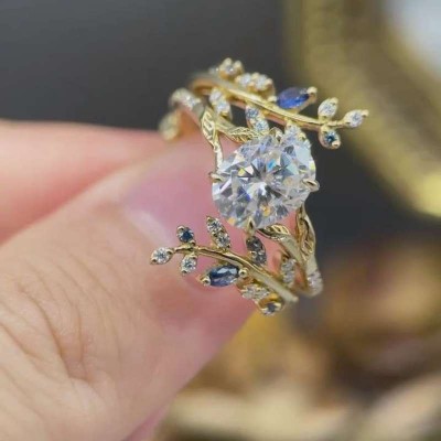 Yellow Gold Art Deco Oval Cut White Sapphire Sterling Silver Leaf Bridal Sets