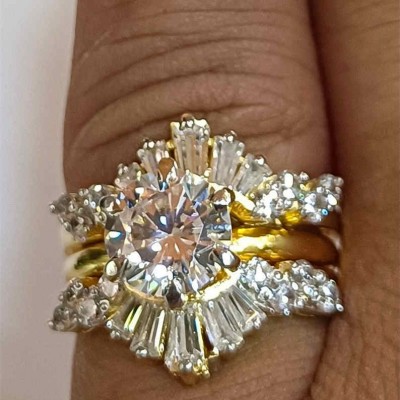Art Deco Yellow Gold Round Cut White Sapphire Sterling Silver Cluster Bridal Sets