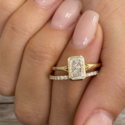 Yellow Gold Radiant Cut White Sapphire Sterling Silver Bezel Bridal Sets