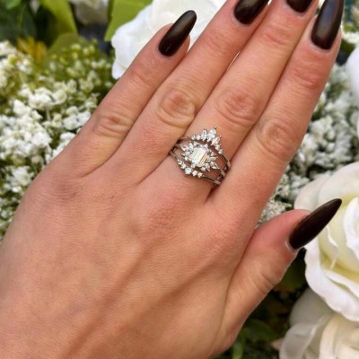 Art Deco Emerald Cut White Sapphire 925 Sterling Silver 3-Piece Bridal Sets