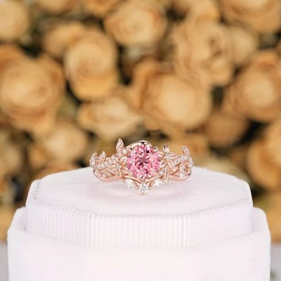 Rose Gold Round Cut Pink Sapphire 925 Sterling Silver Leaf Inspired Bridal Sets