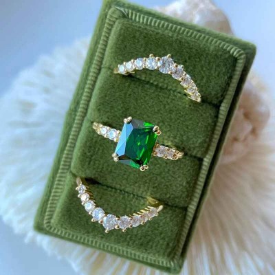 Yellow Gold Vintage Emerald Cut Emerald 925 Sterling Silver 3-Piece Bridal Sets