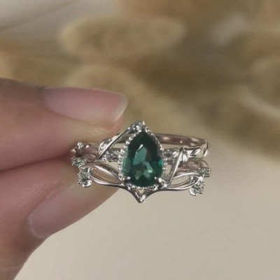 Vintage Pear Cut Emerald 925 Sterling Silver Leaf Bridal Sets