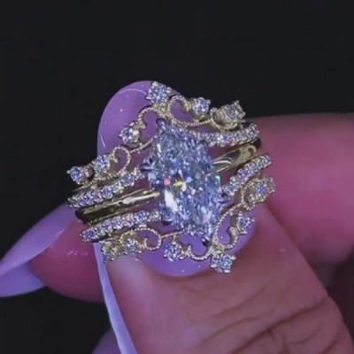 Yellow Gold Marquise Cut White Sapphire 925 Sterling Silver Insert Bridal Sets
