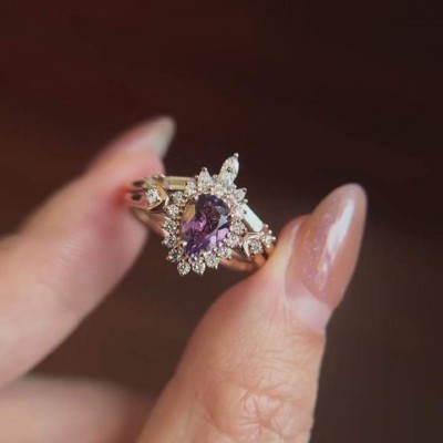 Rose Gold Pear Cut Amethyst 925 Sterling Silver Halo Bridal Sets
