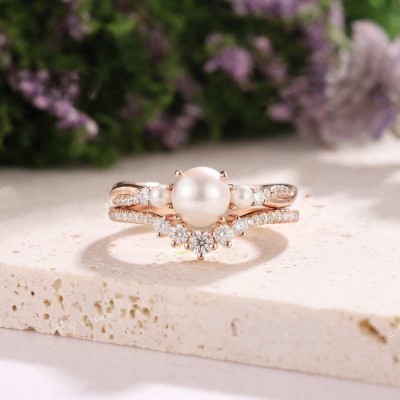Rose Gold Art Deco Round Pearl 925 Sterling Silver Bridal Sets