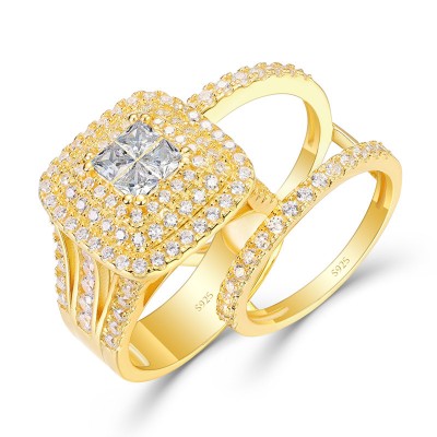 Yellow Gold Princess Cut White Sapphire 925 Sterling Silver Jacket Halo Bridal Sets