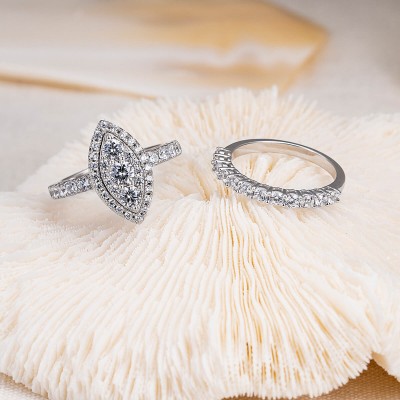 Marquise Shape Round Cut White Sapphire Sterling Silver 2 Pieces Halo Bridal Sets