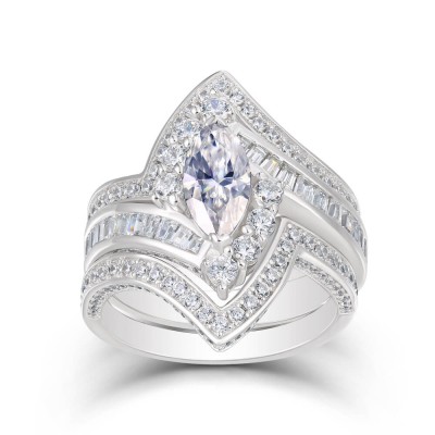 Vintage Marquise Cut White Sapphire Sterling Silver 3-Piece Bridal Sets